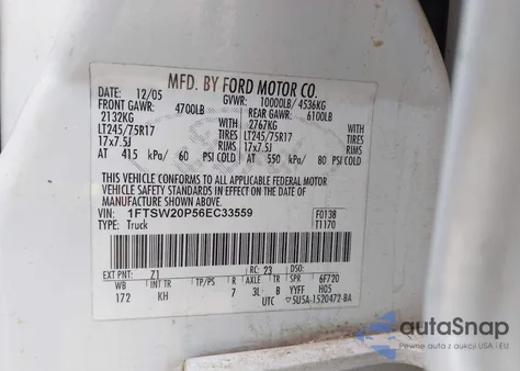 2006 Ford F-250 Lariat/Xl/Xlt из США, поврежденный, VIN 1FTSW20P56EC33559